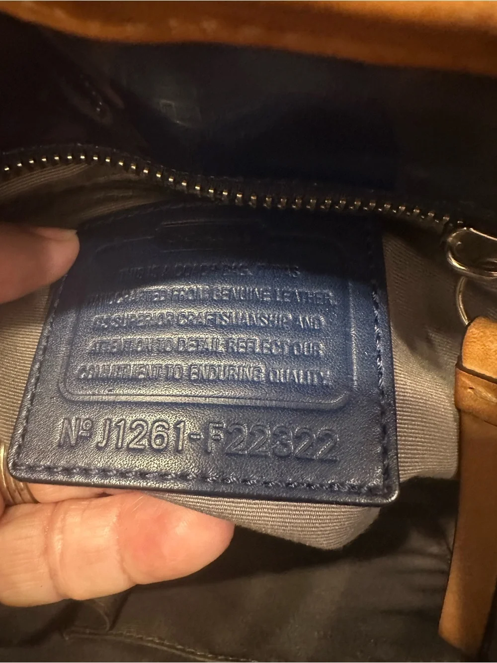 Coach #266 Peyton Embossed Navy Patent Tote with Tan Leather Trim